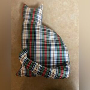 Vintage handmade red, blue, green & black plaid kitty cat silhouette pillow.